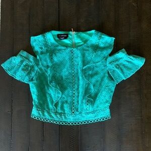 BEBE faux crochet look teal crop top blouse